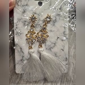 Elegant Gold and White Tassel Drop Earrings